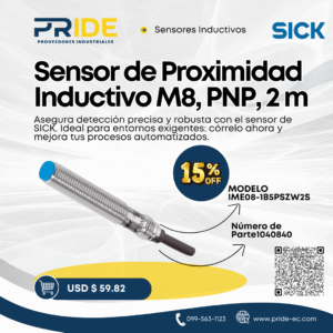 Sensor de Proximidad Inductivo M8, Ø 8 mm, Rango 1,5 mm, Salida PNP, Cable 2m (SICK IME08-1B5PSZW2S)